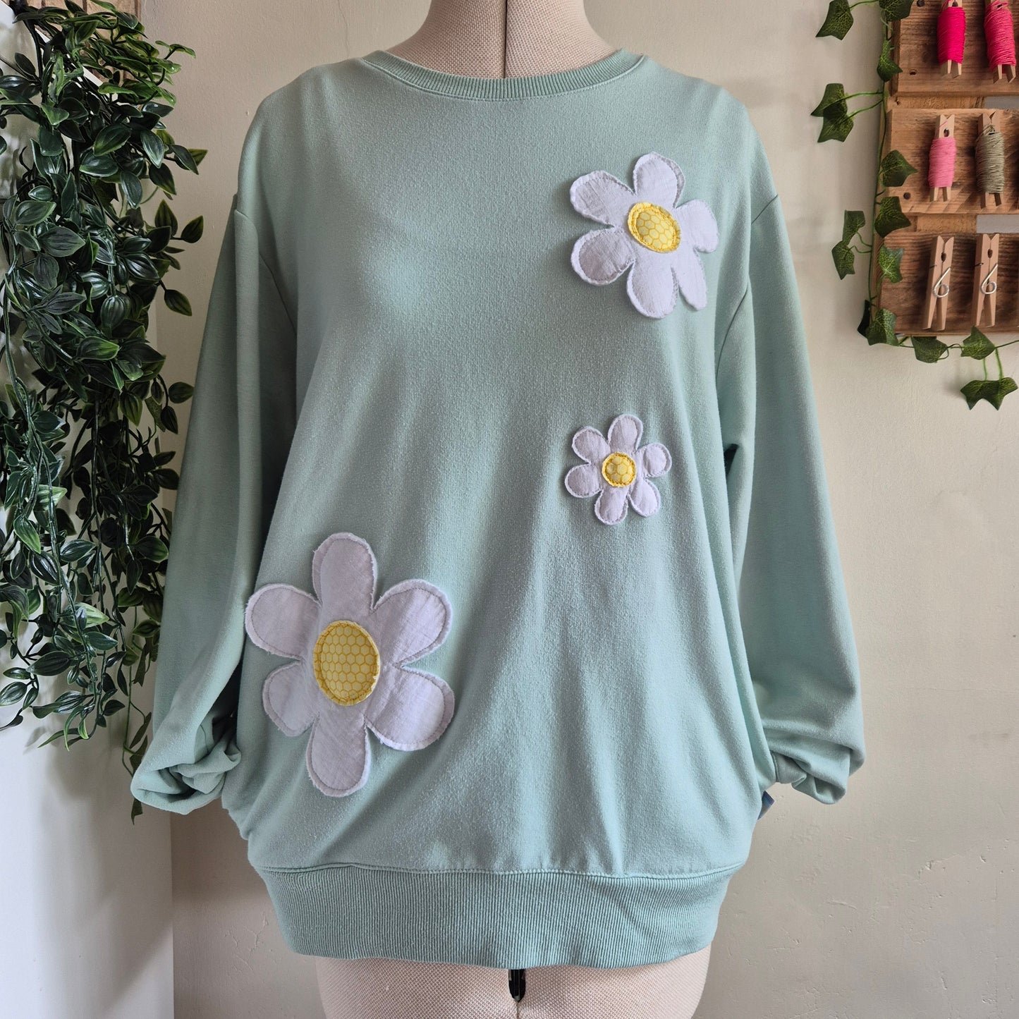 Mint blue daisy restyled sweatshirt. Size M (UK 12)