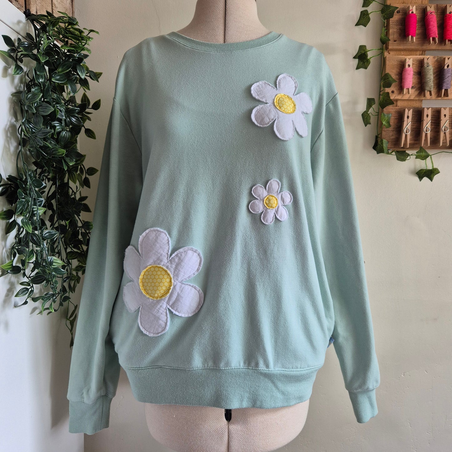 Mint blue daisy restyled sweatshirt. Size M (UK 12)