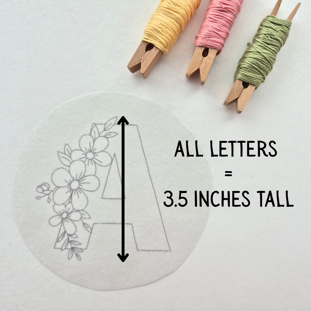 Large Letter Alphabet Stick and Stitch Embroidery Patterns, Choose Your Letter, A-Z, Floral Transfer Patch, Peel and Stick Letter Embroidery