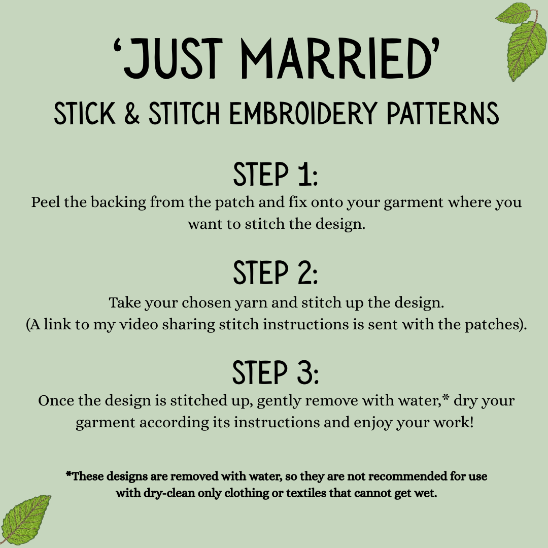 Just Married Stick and Stitch Embroidery Pattern