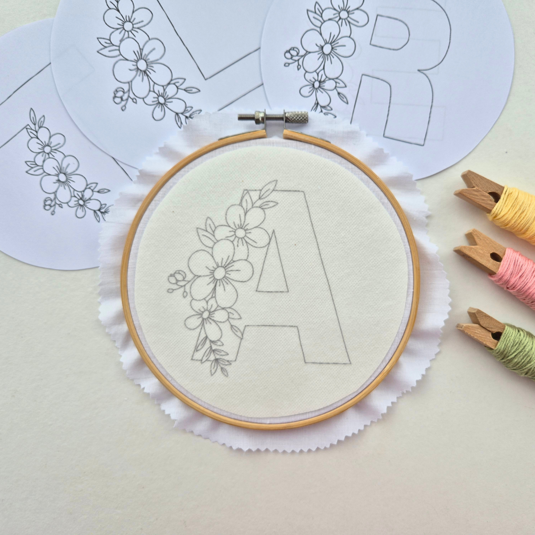 Large Letter Alphabet Stick and Stitch Embroidery Patterns, Choose Your Letter, A-Z, Floral Transfer Patch, Peel and Stick Letter Embroidery