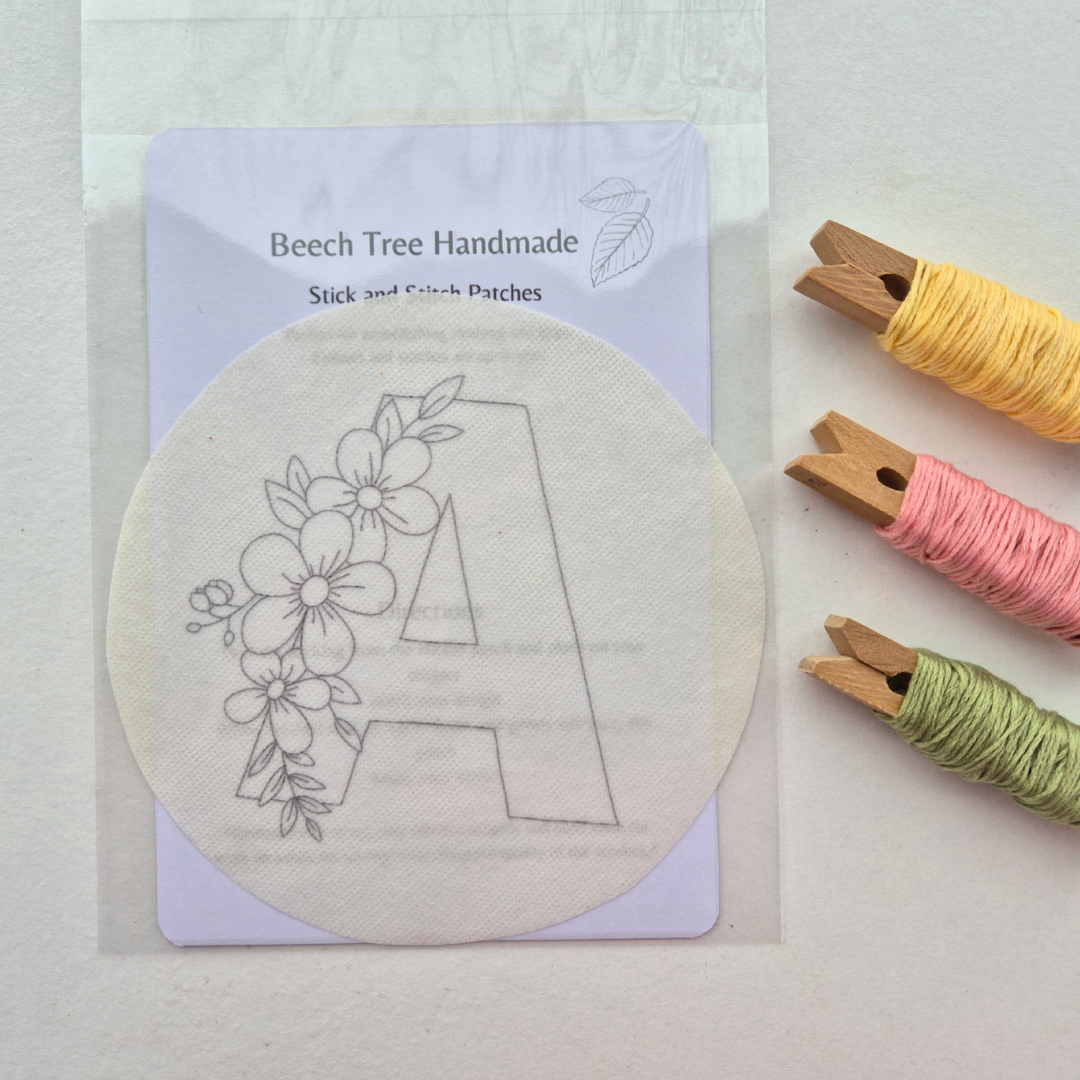 Large Letter Alphabet Stick and Stitch Embroidery Patterns, Choose Your Letter, A-Z, Floral Transfer Patch, Peel and Stick Letter Embroidery
