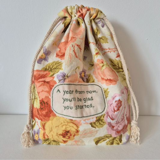 Floral project bag with vintage fabric and hand embroidery